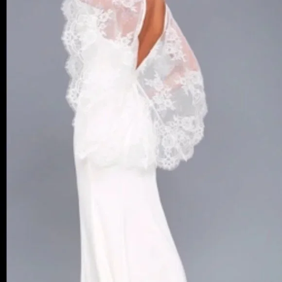 Lulus White Lace Overlay Bridal Gown With V-Back & Flutter Sleeves - Picture 2 of 10